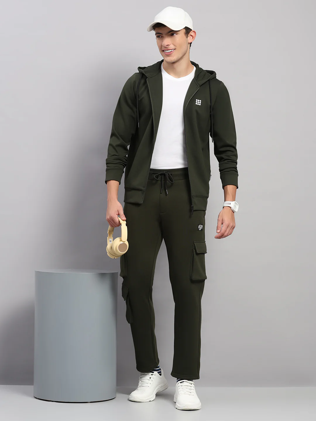 Rock.it Men Olive Solid Hooded Full Sleeve Sweatshirt - Image 2