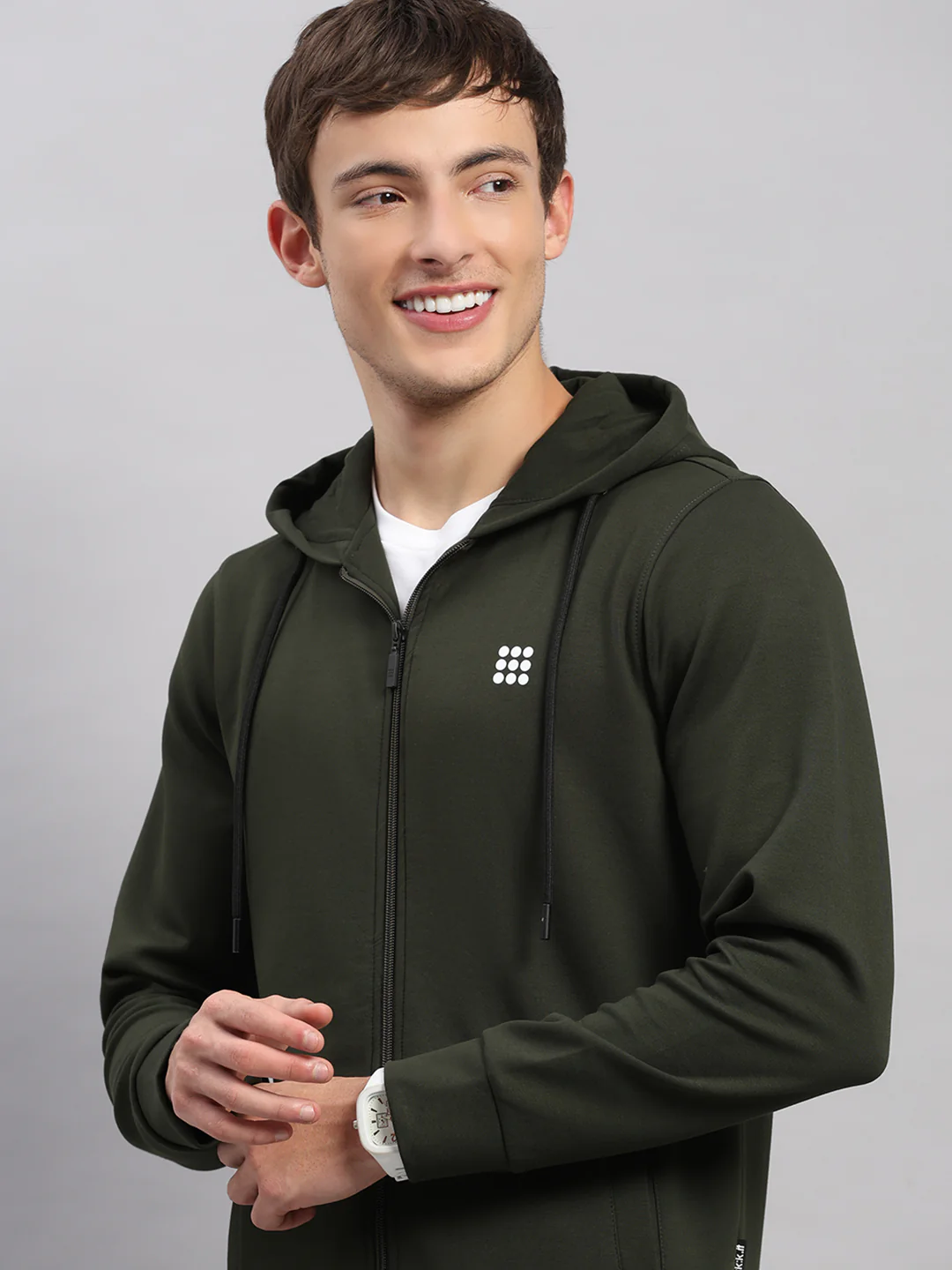 Rock.it Men Olive Solid Hooded Full Sleeve Sweatshirt - Image 6