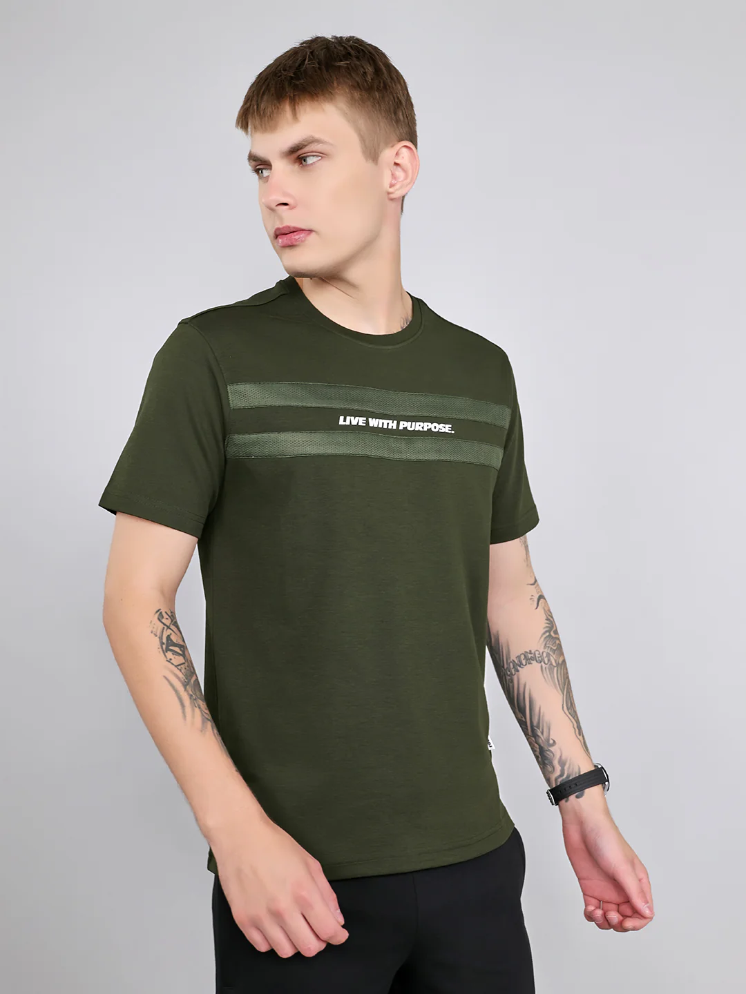 Rock.it Men Olive Solid Round Neck Half Sleeve T-Shirt - Image 2
