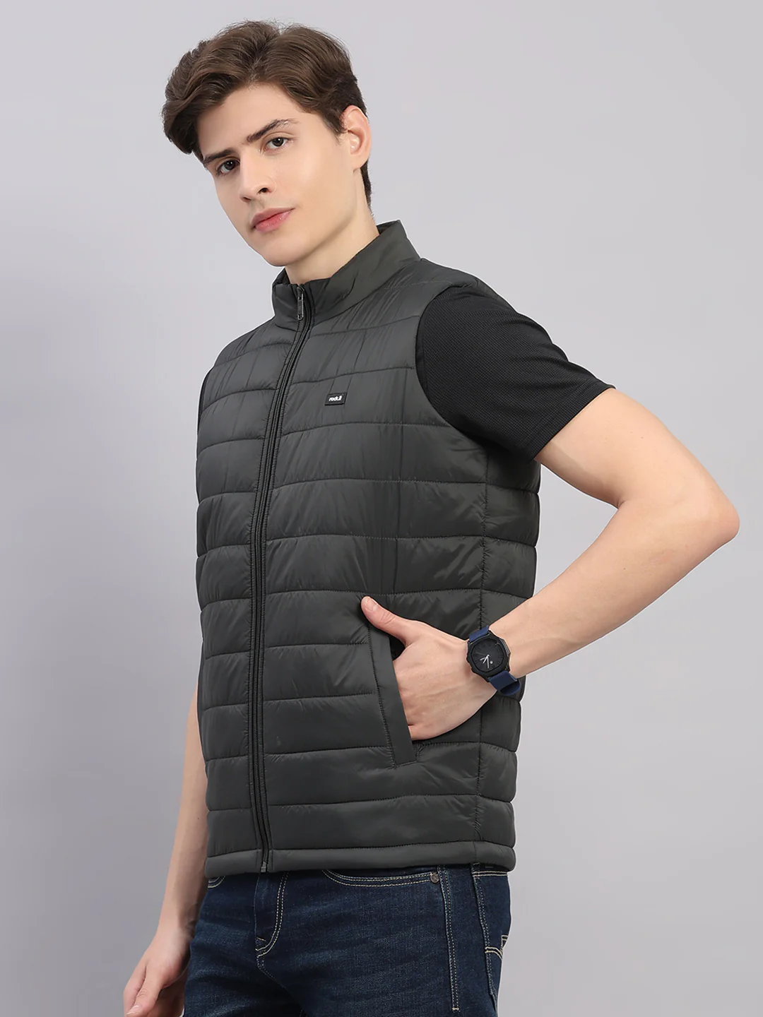 Rock.it Men Olive Solid Stand Collar Sleeveless Jacket - Image 3