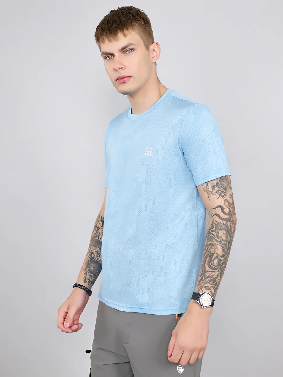 Rock.it Men Sky Blue Jacquard Round Neck Half Sleeve T-Shirt - Image 2
