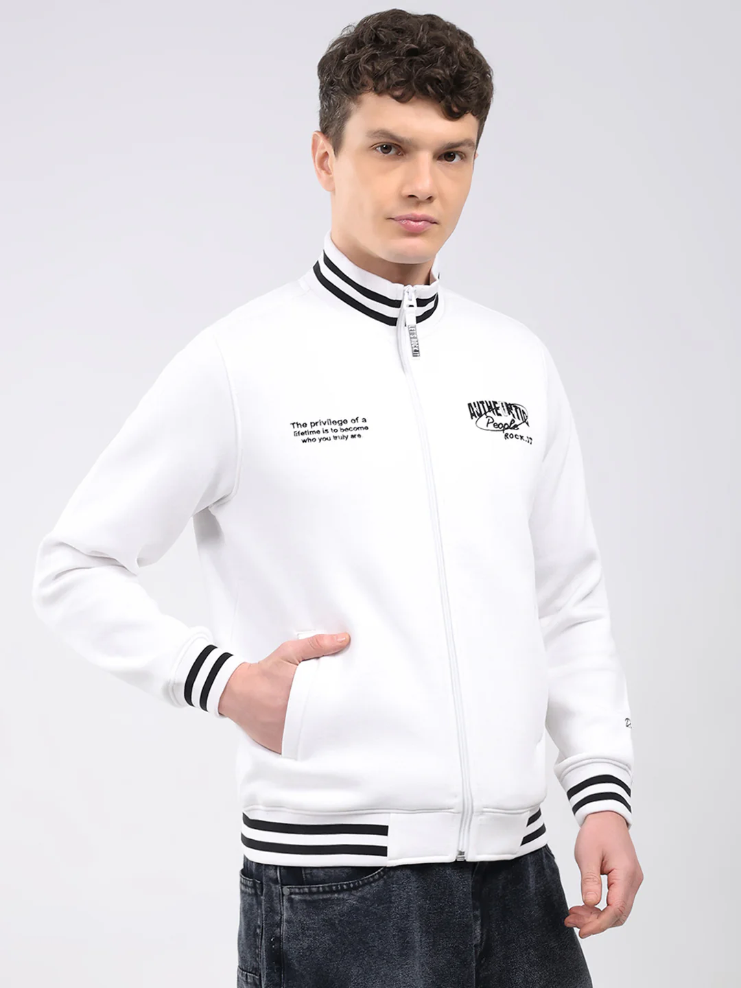 Rock.it Men White Embroidered T Neck Full Sleeve Sweatshirt - Image 4