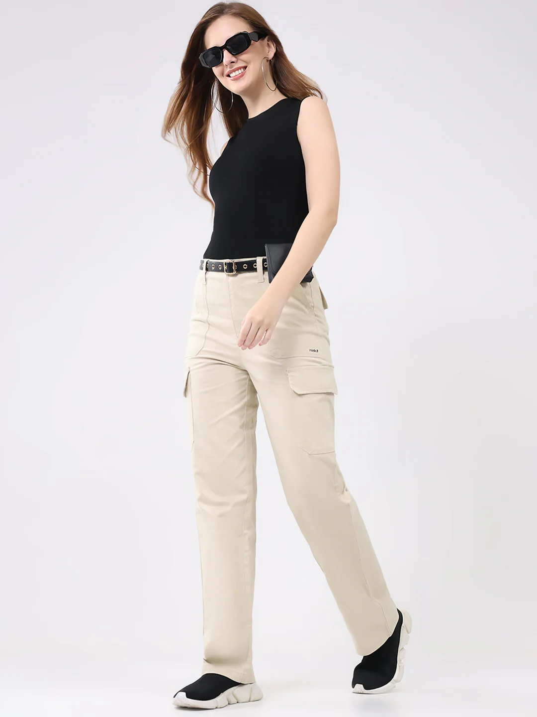 Rock.it Women Beige Solid Straight Fit Cargo - Image 2