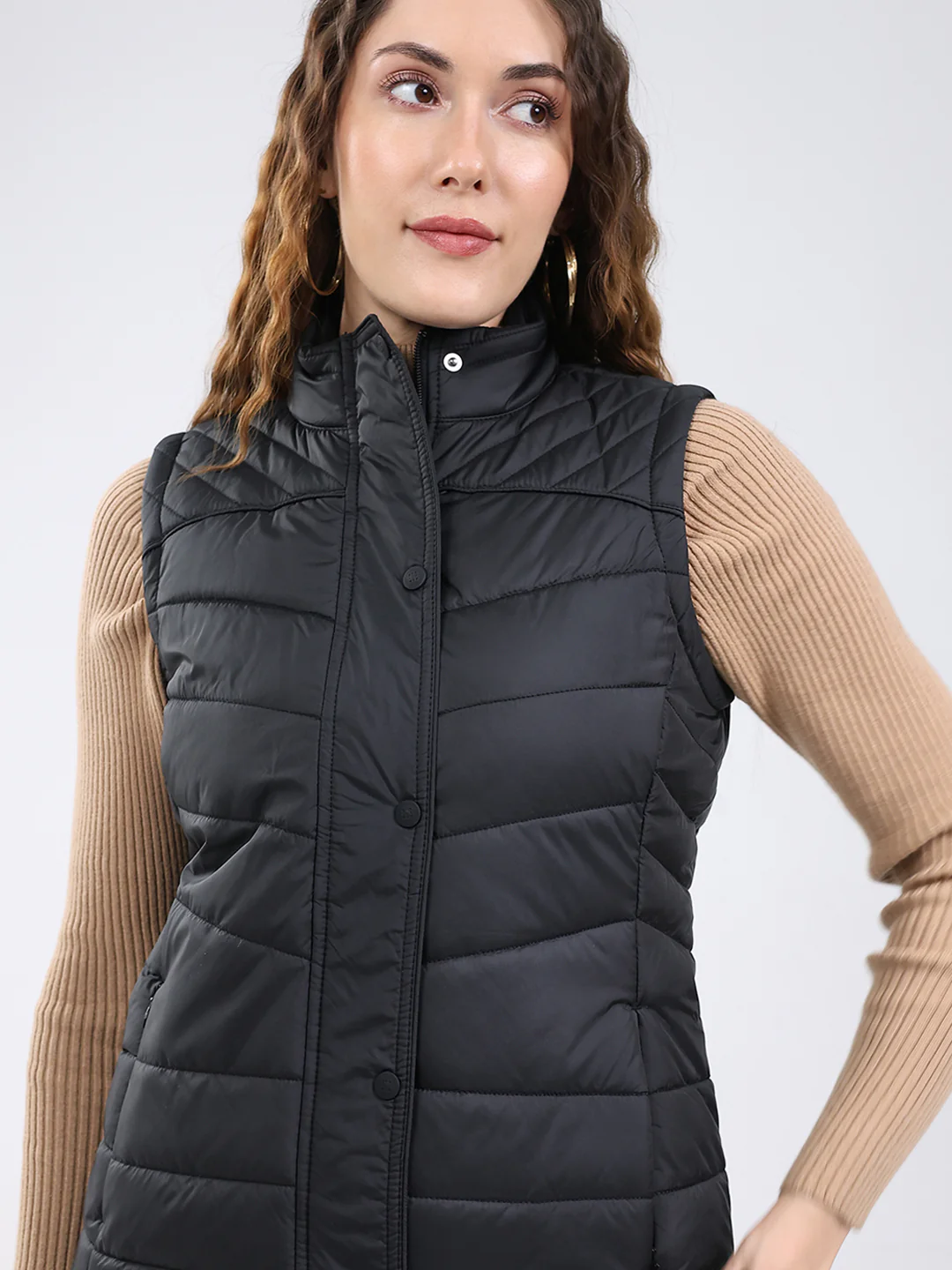 Rock.it Women Black Solid Stand Collar Sleeveless Jacket - Image 7
