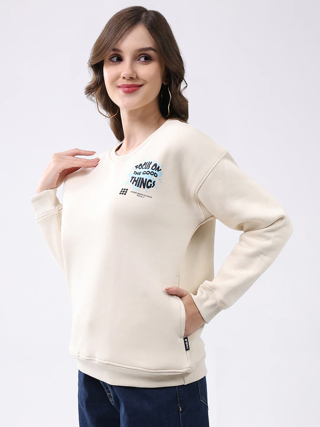 Rock.it Women Cream Printed Round Neck Full Sleeve Sweatshirt - Image 3