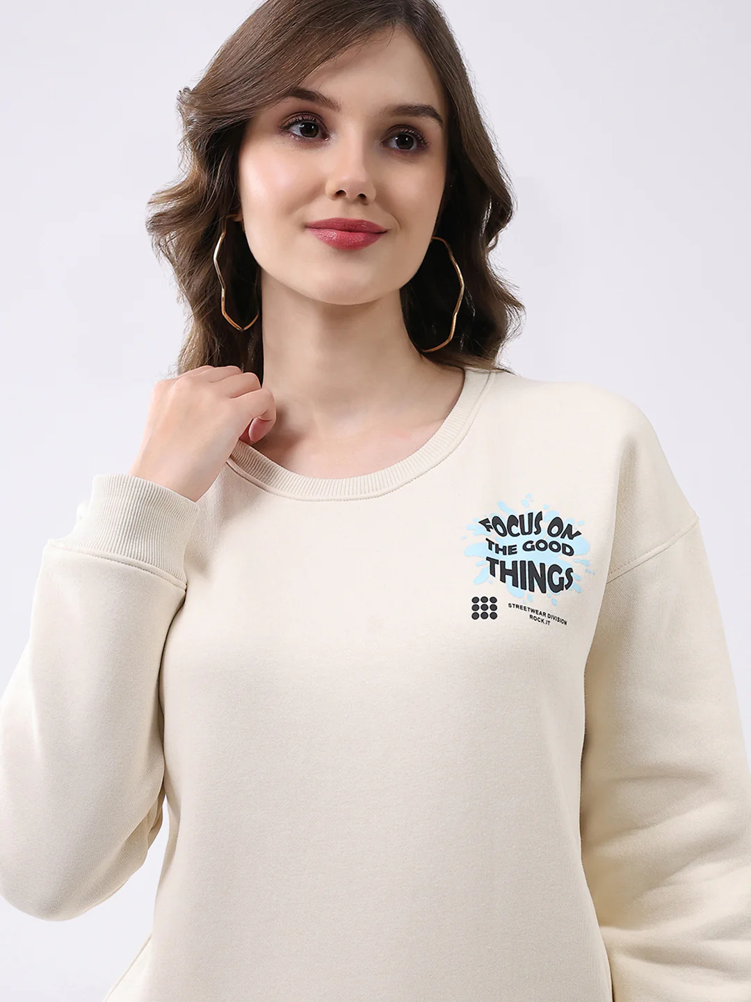 Rock.it Women Cream Printed Round Neck Full Sleeve Sweatshirt - Image 6