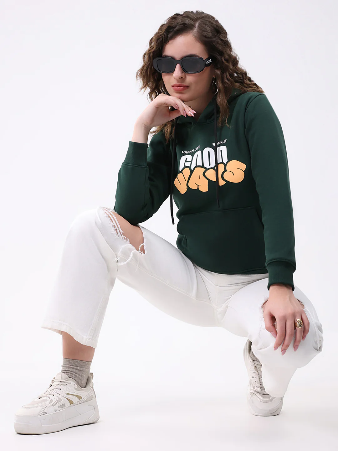Rock.it Women Dark Green Printed Hooded Full Sleeve Sweatshirt - Image 2