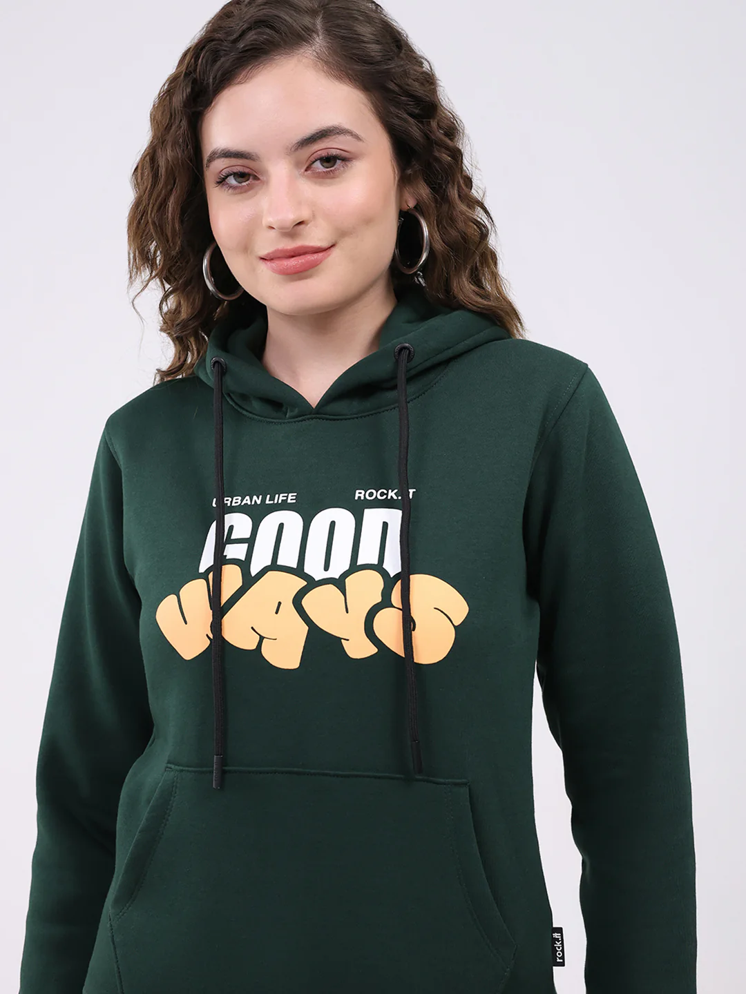 Rock.it Women Dark Green Printed Hooded Full Sleeve Sweatshirt - Image 6