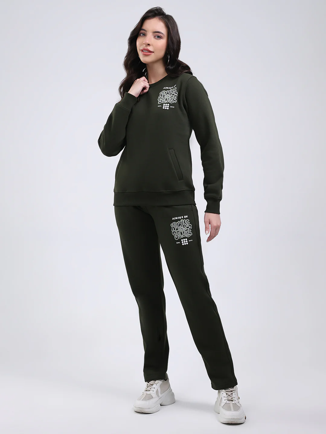 Rock.it Women Dark Green Printed Round Neck Full Sleeve Winter Tracksuit - Image 3