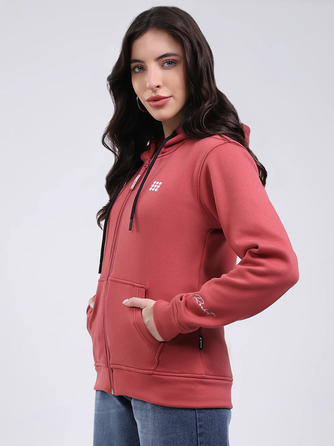 Rock.it Women Mauve Solid Hooded Full Sleeve Sweatshirt - Image 3