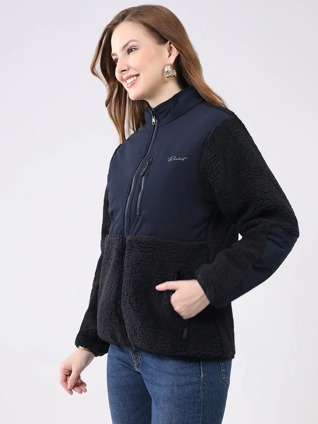 Rock.it Women Navy Blue Solid Mock Neck Full Sleeve Reversible Jacket - Image 3