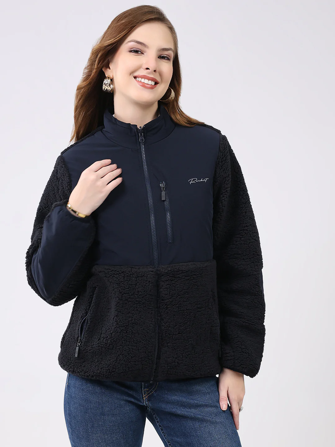 Rock.it Women Navy Blue Solid Mock Neck Full Sleeve Reversible Jacket - Image 4