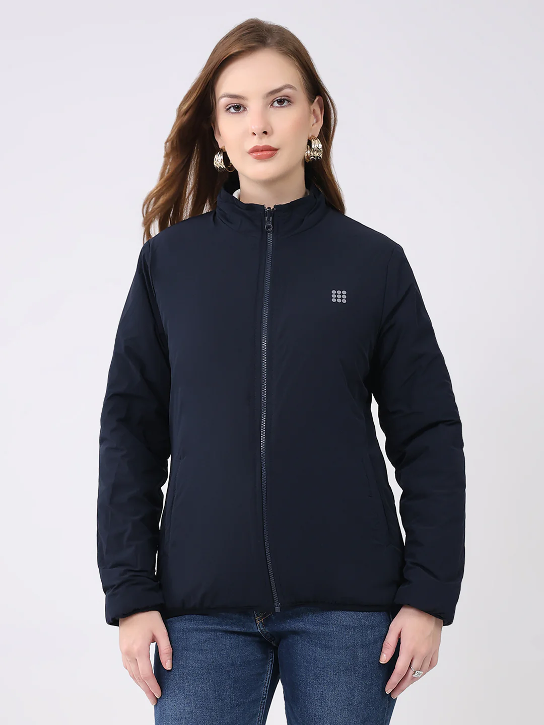 Rock.it Women Navy Blue Solid Mock Neck Full Sleeve Reversible Jacket - Image 6