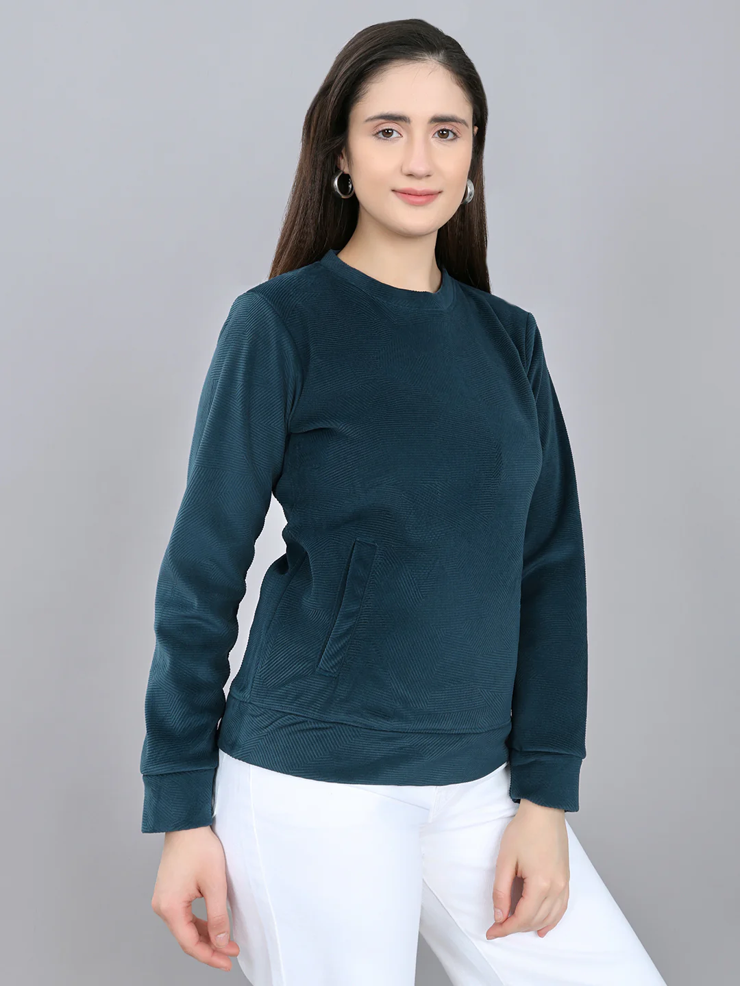 Rock.it Women Teal Blue Self Design Round Neck Full Sleeve Sweatshirt - Image 3
