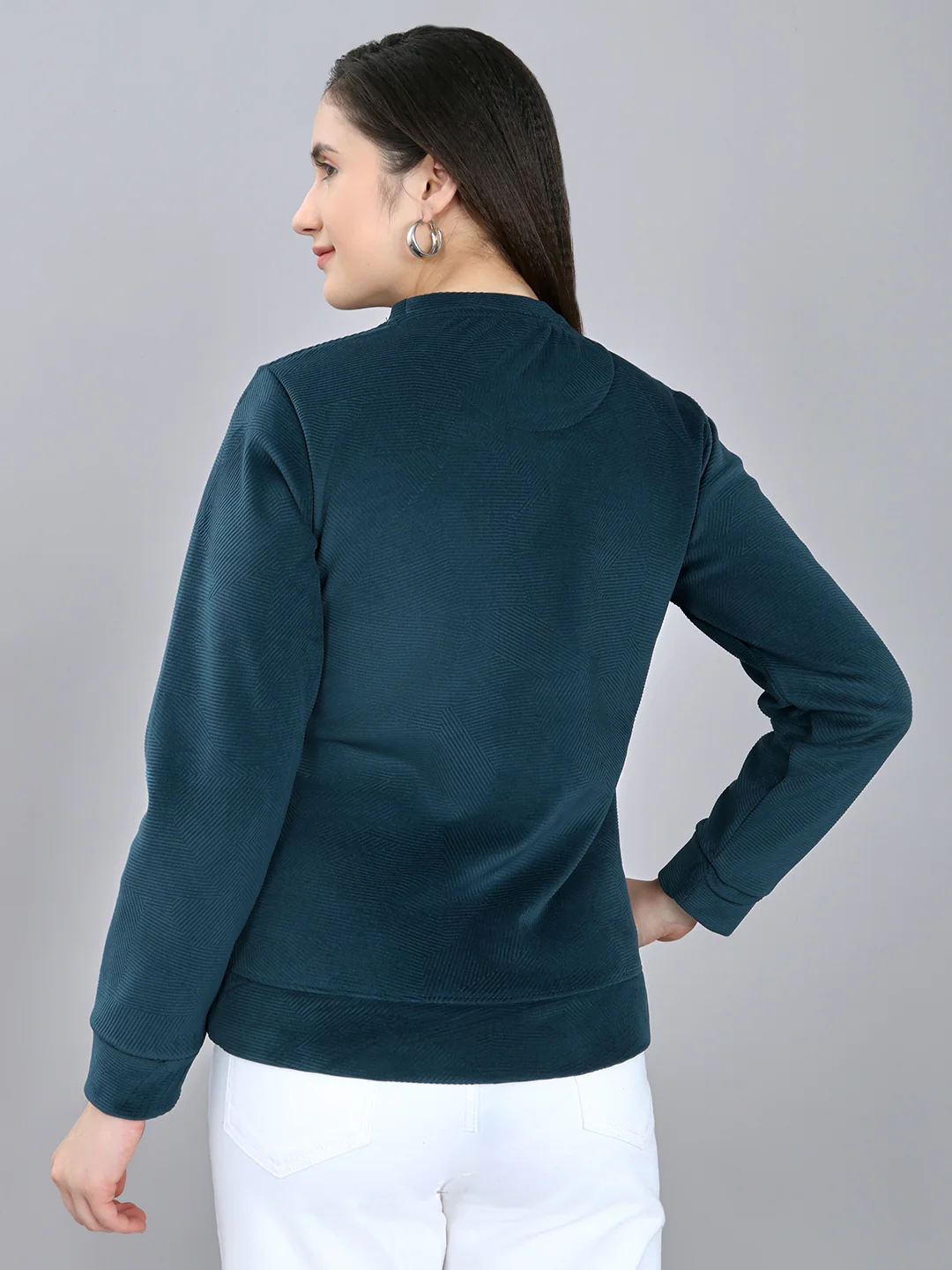 Rock.it Women Teal Blue Self Design Round Neck Full Sleeve Sweatshirt - Image 4