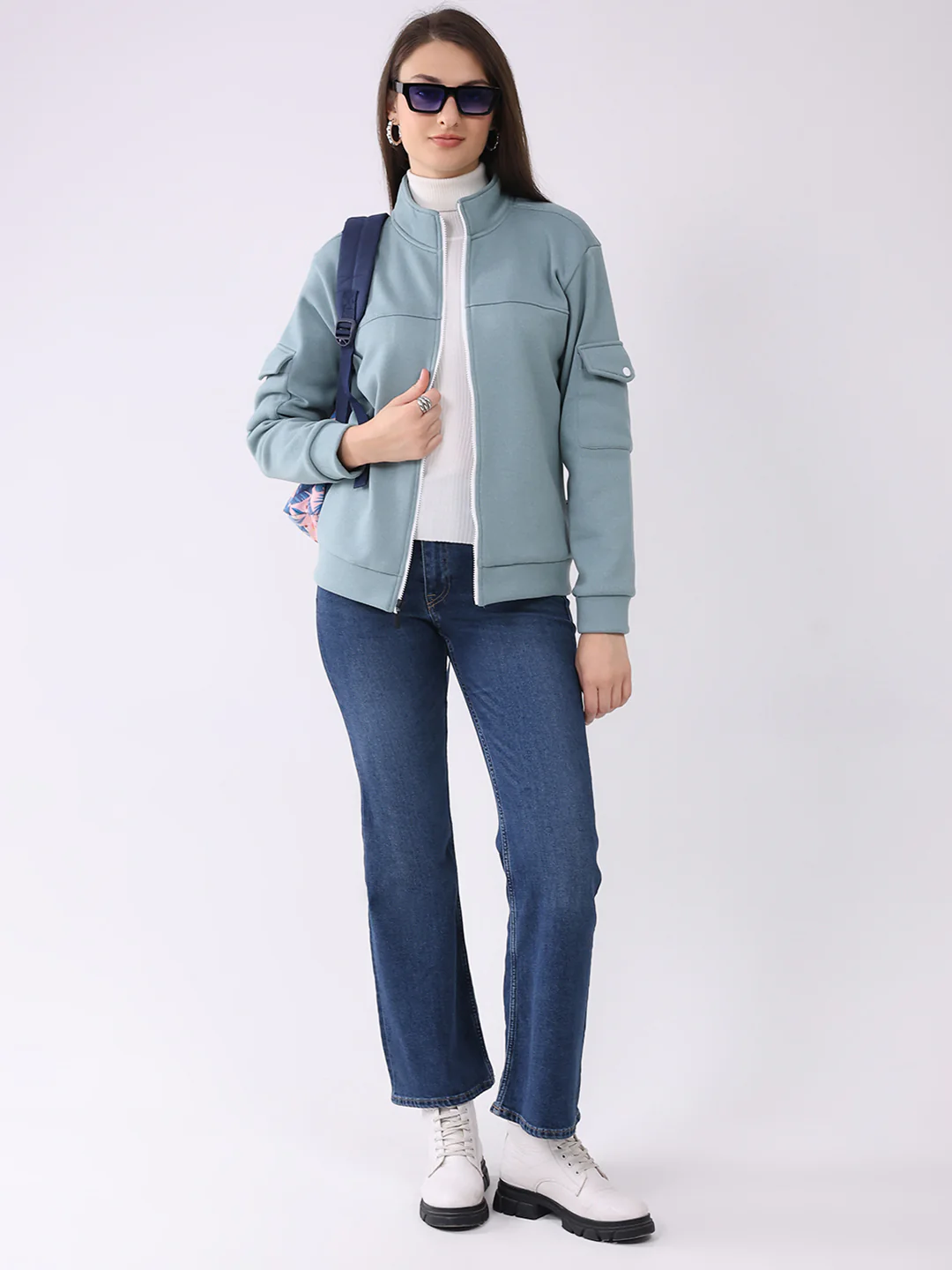 Rock.it Women Turquoise Blue Solid Mock Neck Full Sleeve Sweatshirt - Image 2