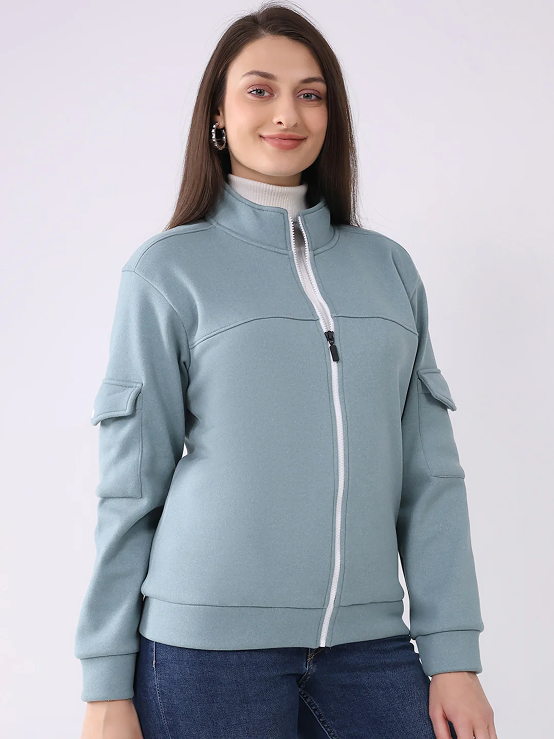 Rock.it Women Turquoise Blue Solid Mock Neck Full Sleeve Sweatshirt - Image 4