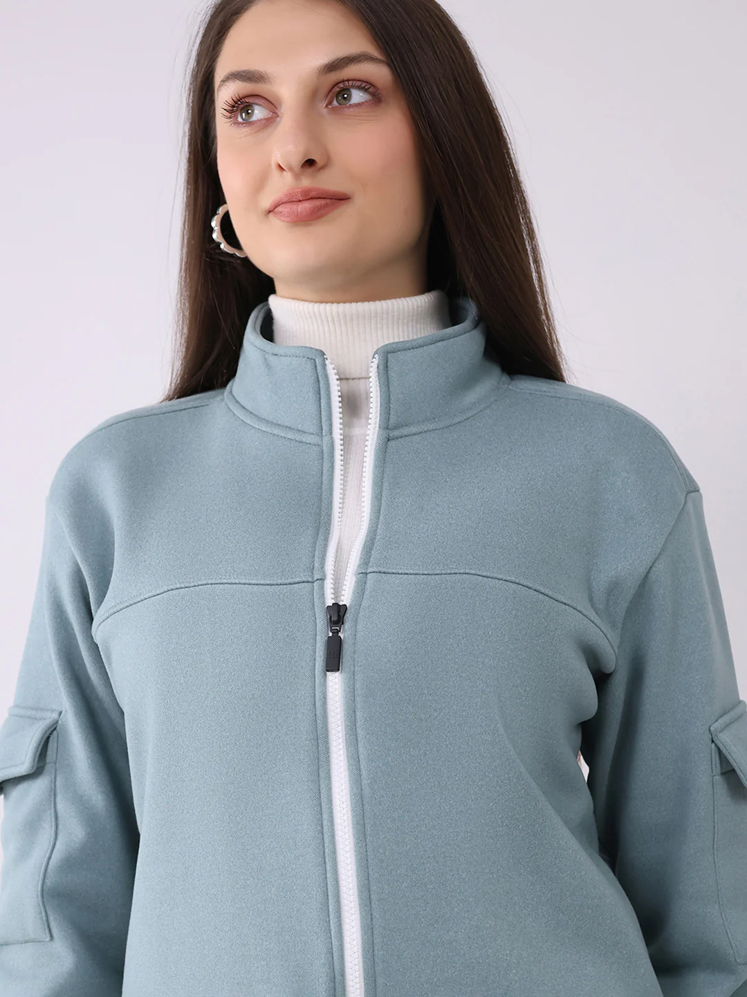 Rock.it Women Turquoise Blue Solid Mock Neck Full Sleeve Sweatshirt - Image 6