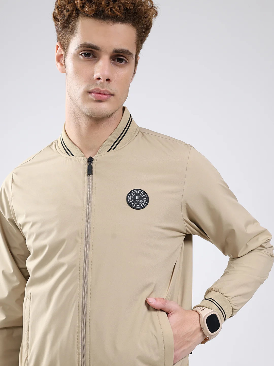 Rock.it Men Beige Solid Band Neck Full Sleeve Jacket - Image 7