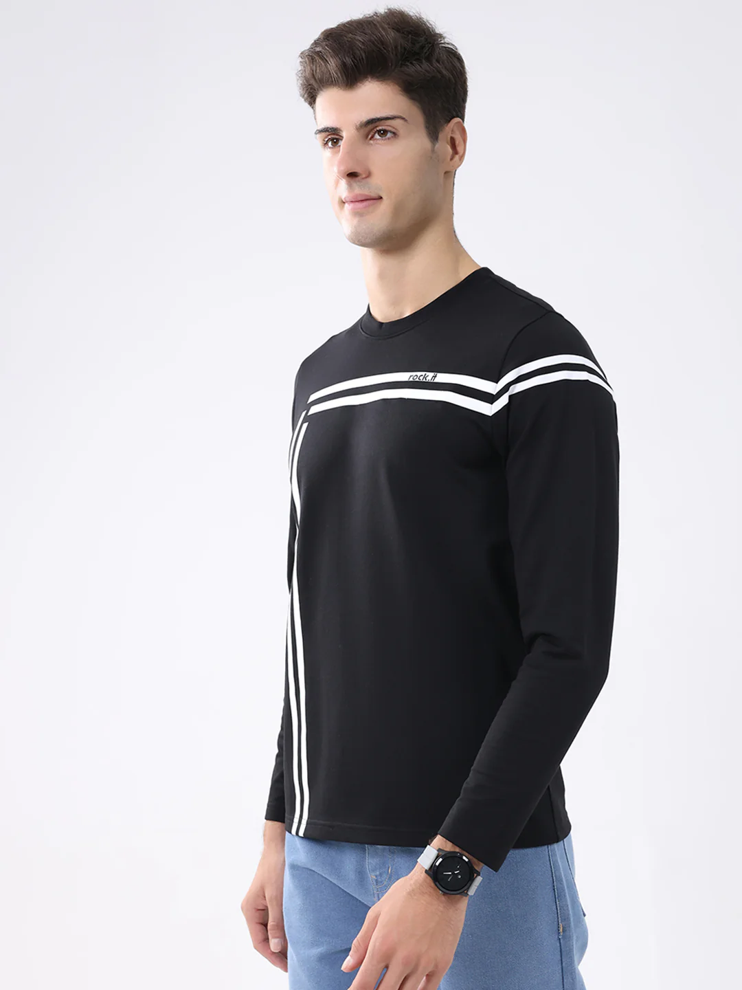 Rock.it Men Black Solid Round Neck Full Sleeve Winter T-Shirt - Image 3