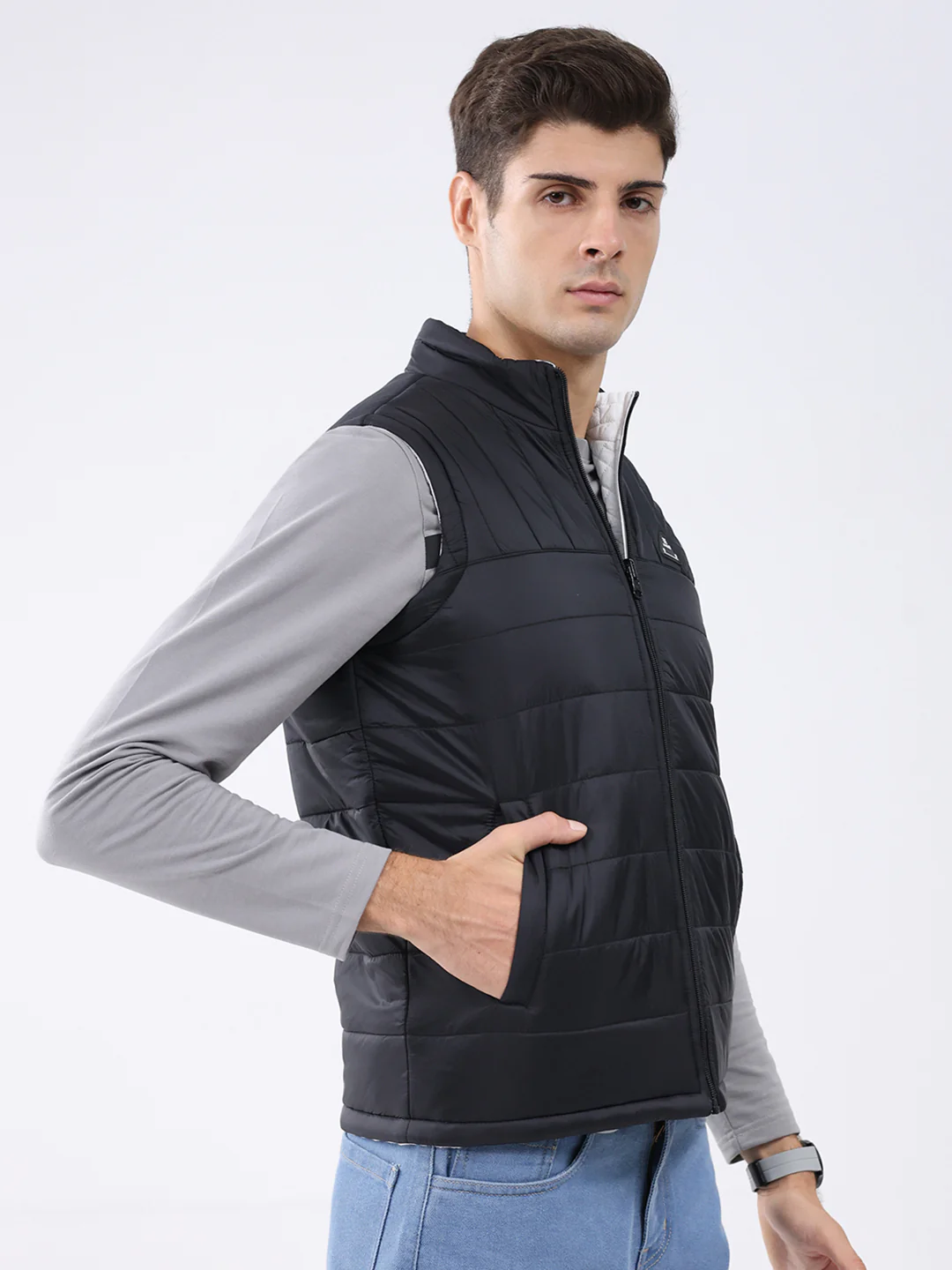 Rock.it Men Black & White Solid Mock Neck Sleeveless Jacket - Image 4