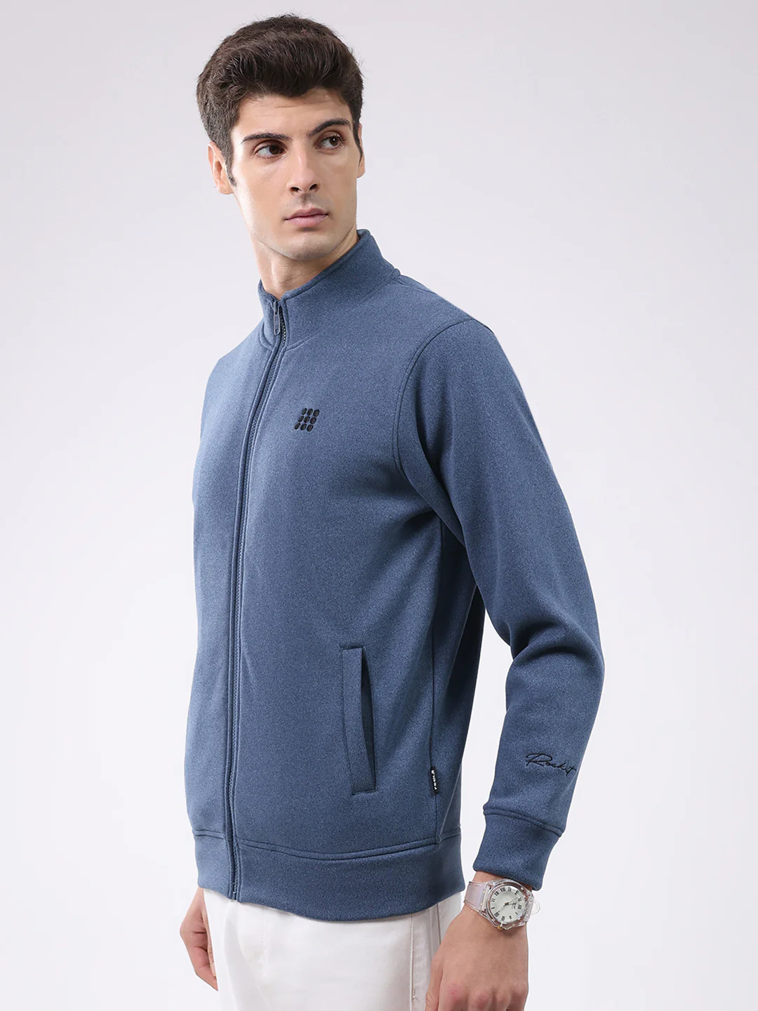 Rock.it Men Blue Solid Mock Neck Full Sleeve Sweatshirt - Image 3