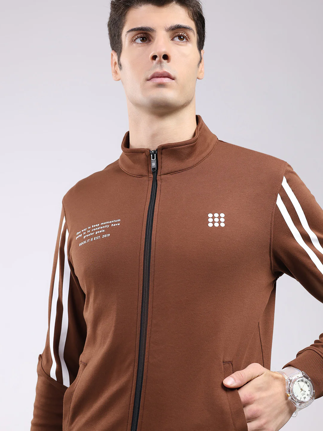 Rock.it Men Brown Printed Mock Neck Full Sleeve Sweatshirt - Image 6