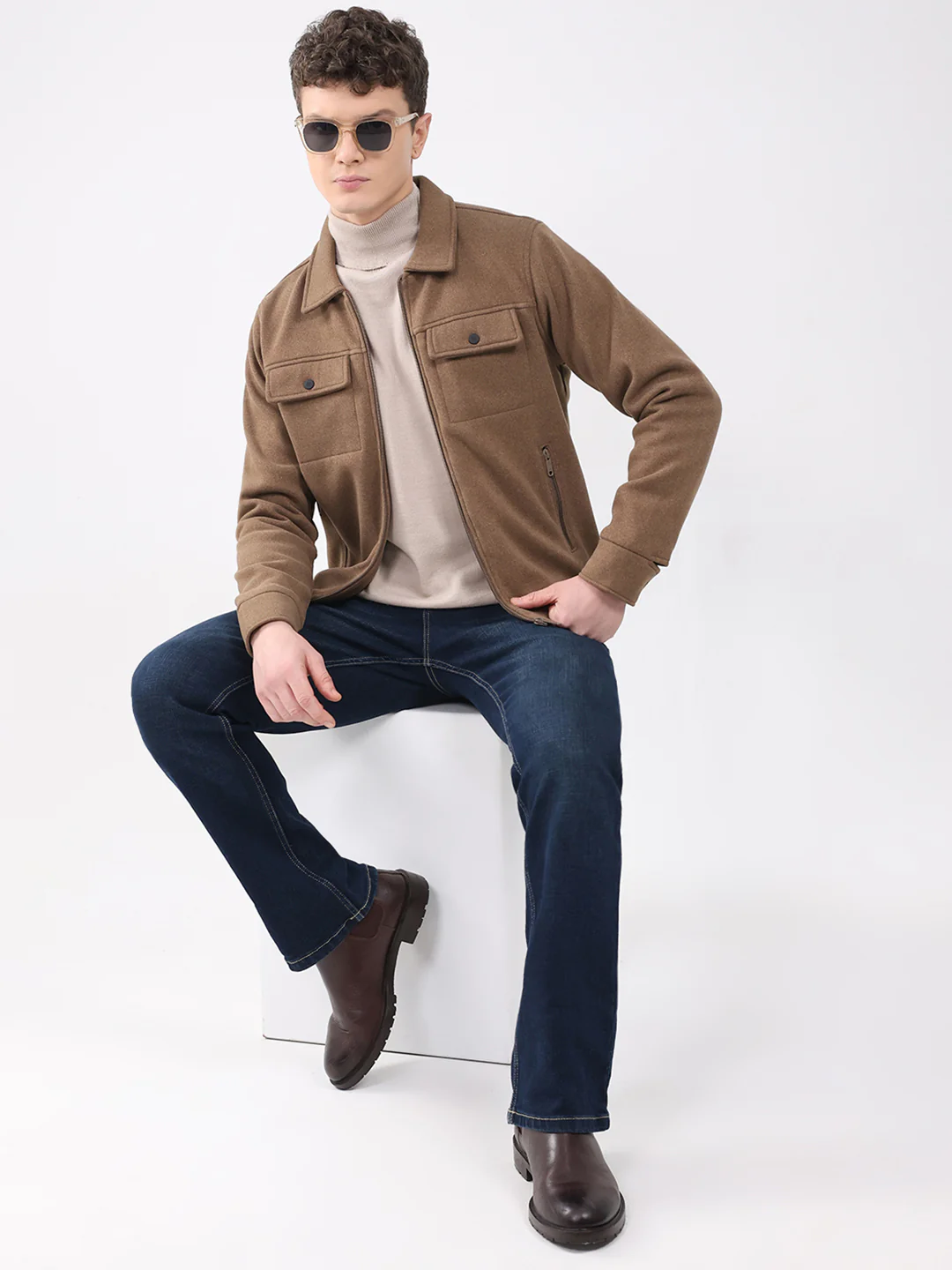 Rock.it Men Brown Solid Collar Full Sleeve Knitted Jacket - Image 2