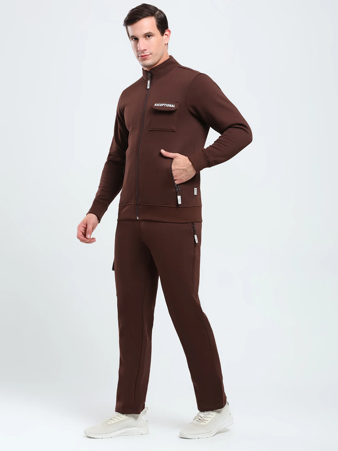 Rock.it Men Brown Solid Mock Neck Full Sleeve Winter Tracksuit - Image 3