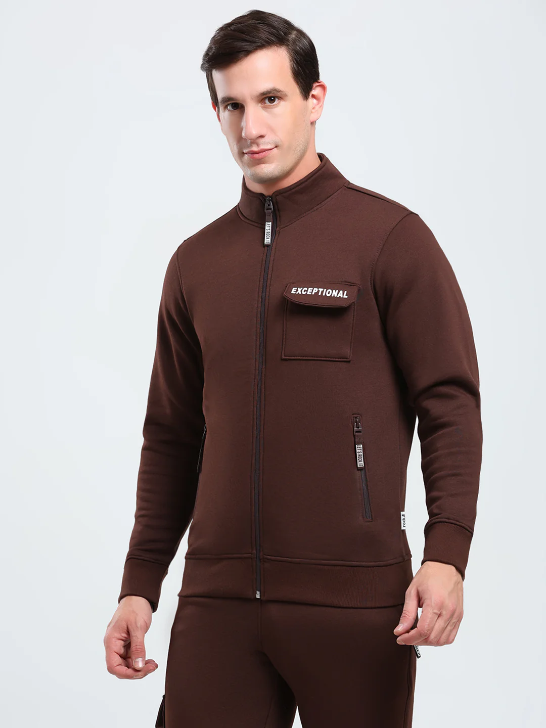 Rock.it Men Brown Solid Mock Neck Full Sleeve Winter Tracksuit - Image 7