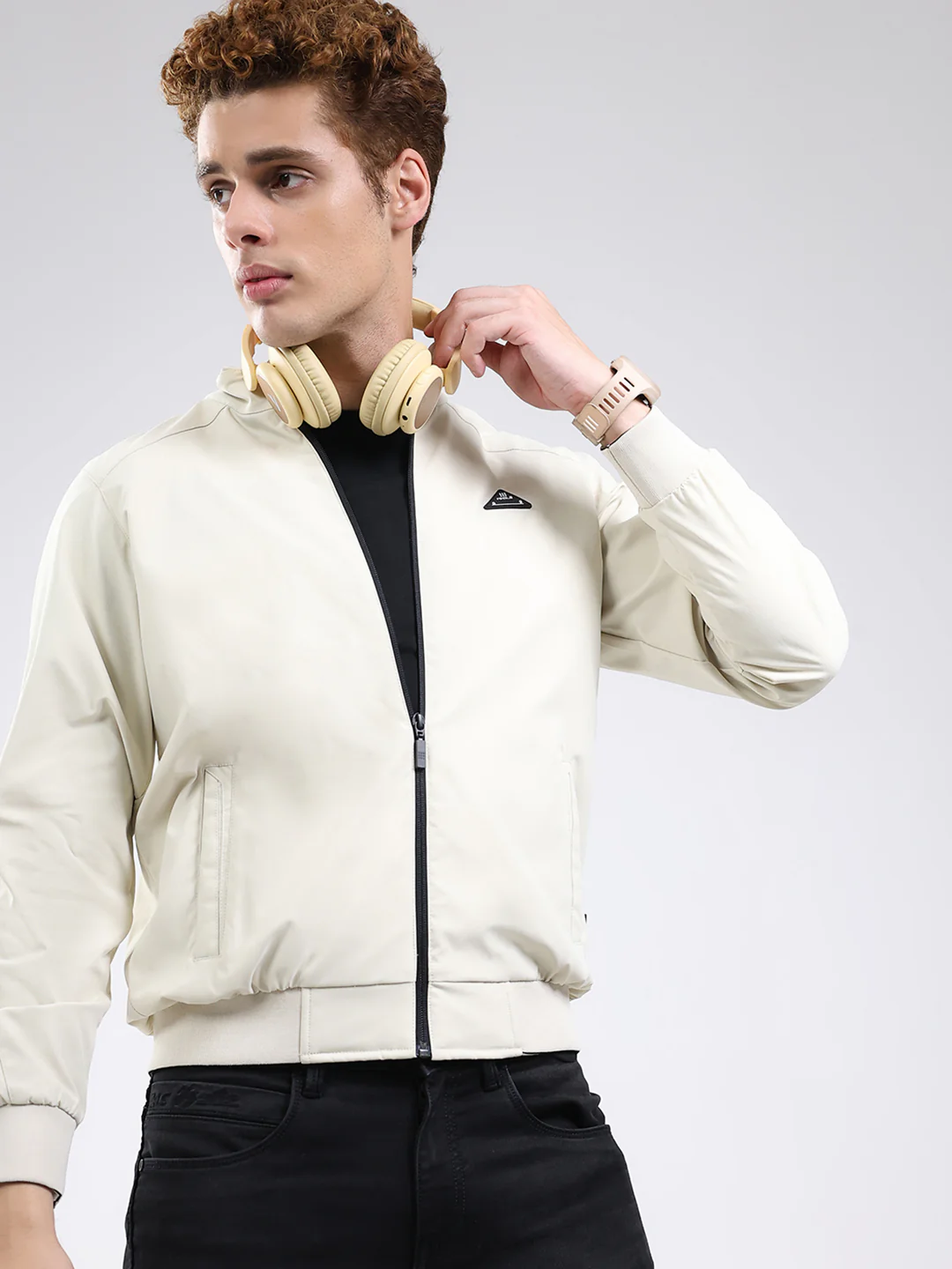 Rock.it Men Cream Solid Mock Neck Full Sleeve Jacket - Image 6