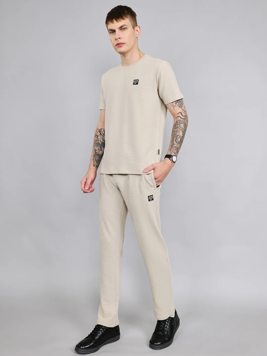 Rock.it Men Cream Solid Round Neck Half Sleeve Cords Set - Image 3
