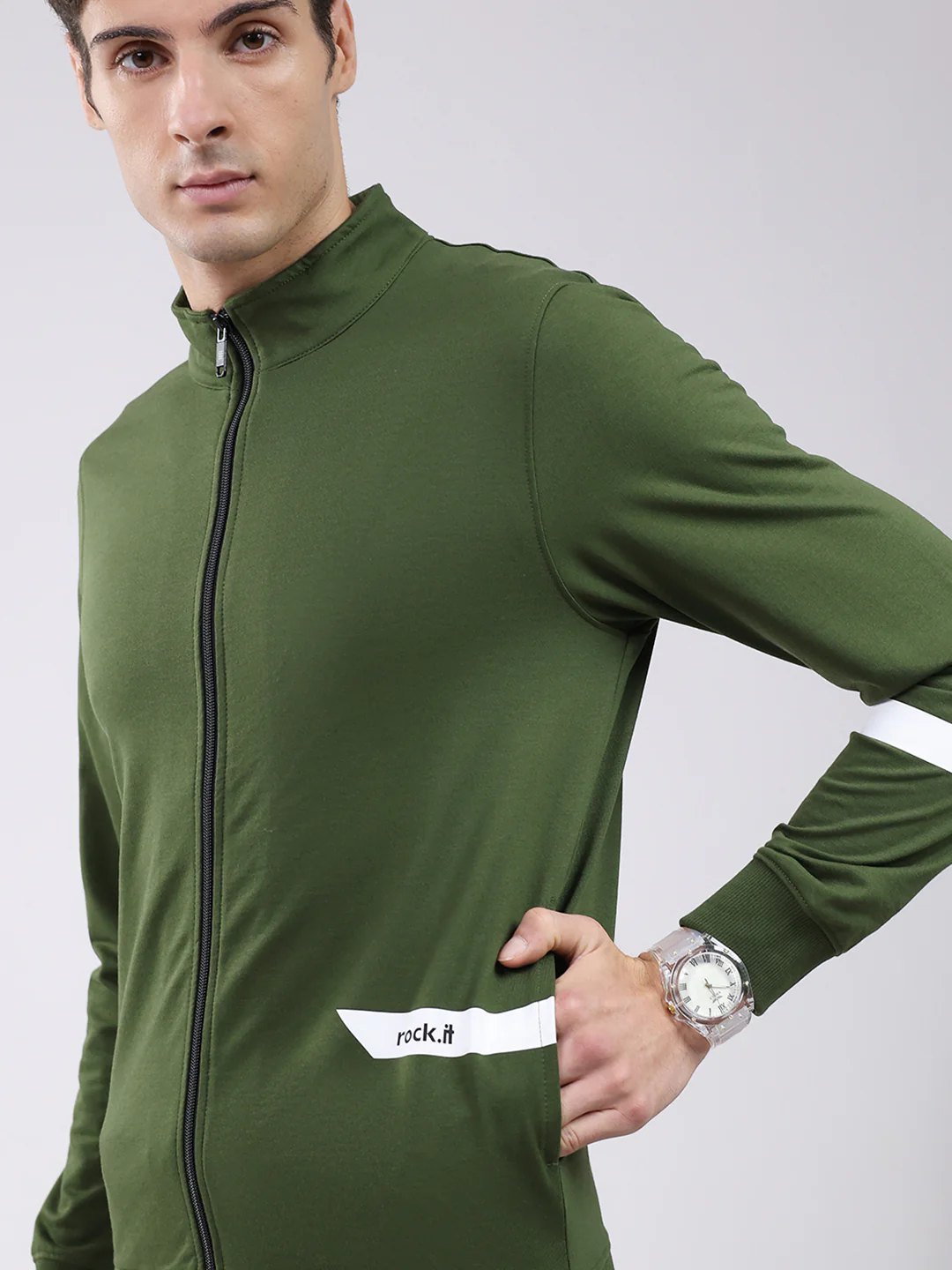 Rock.it Men Green Solid Mock Neck Full Sleeve Sweatshirt - Image 6