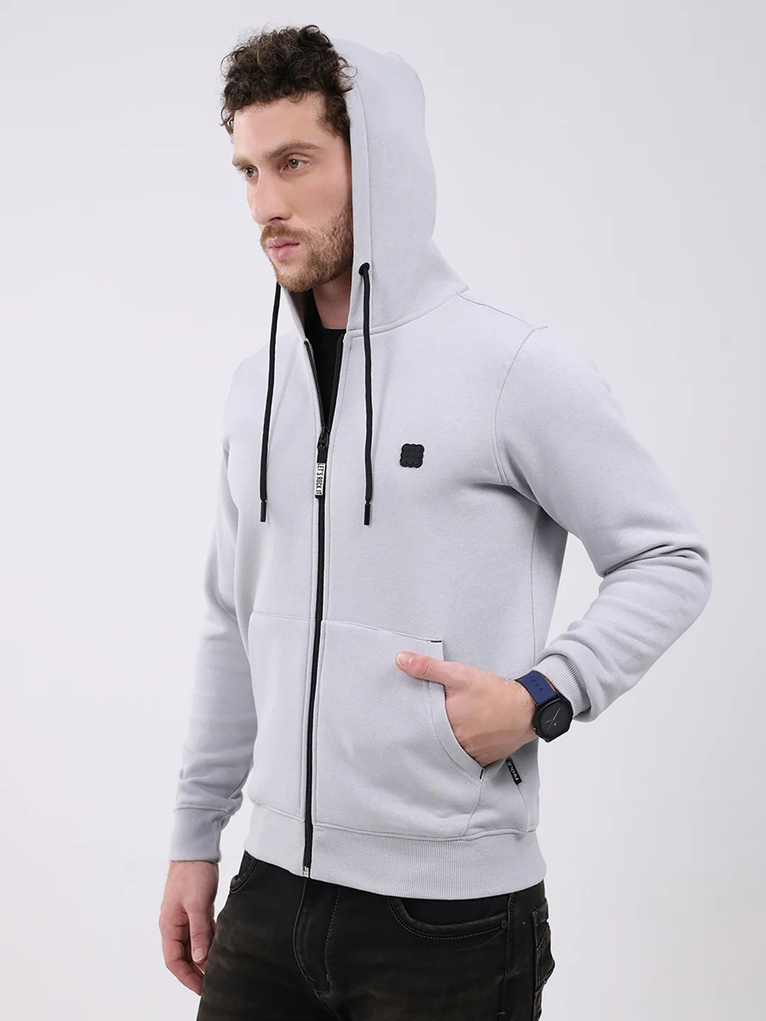 Rock.it Men Grey Solid Hooded Full Sleeve Sweatshirt - Image 7