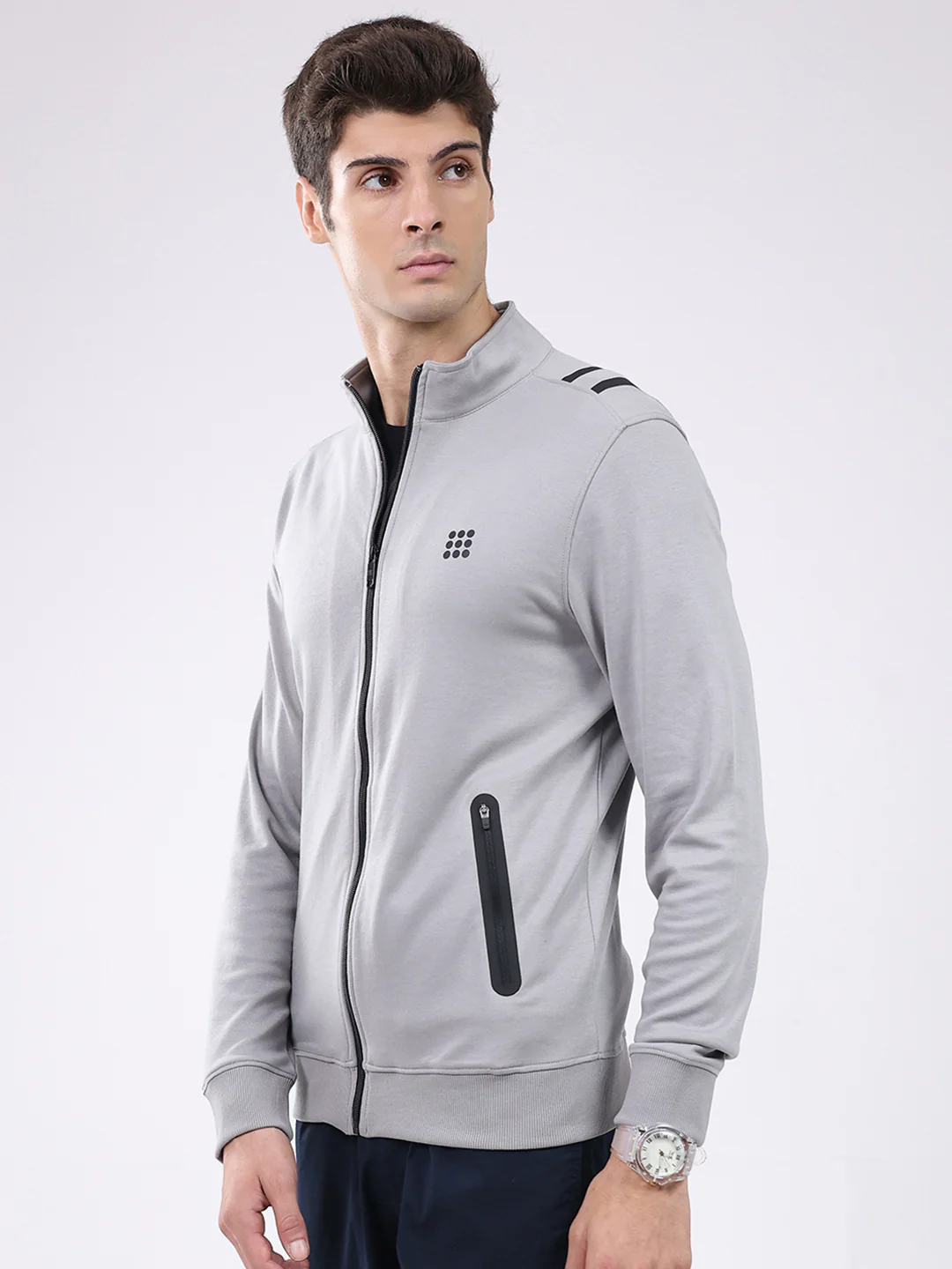Rock.it Men Grey Solid Mock Neck Full Sleeve Sweatshirt - Image 3