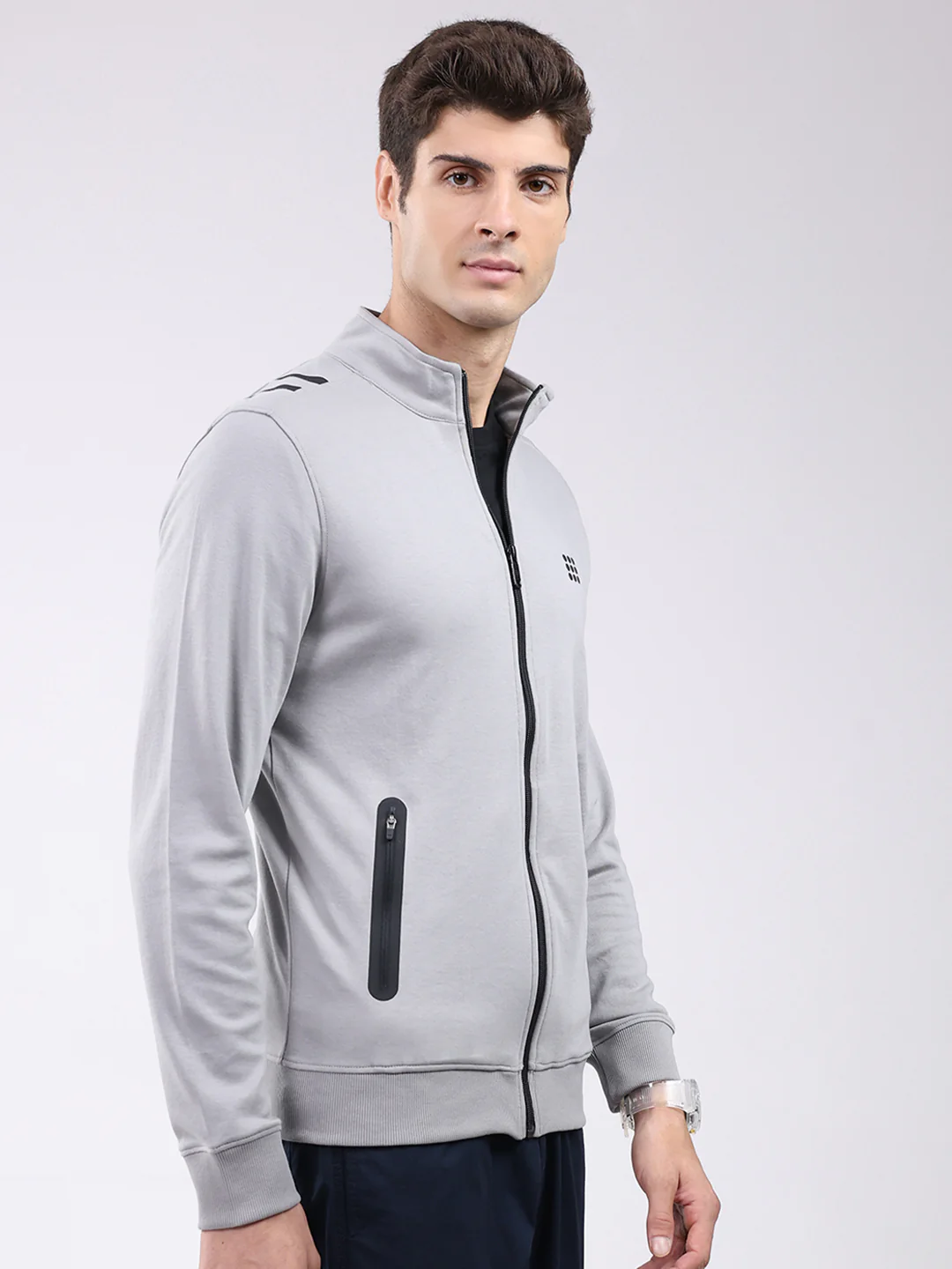 Rock.it Men Grey Solid Mock Neck Full Sleeve Sweatshirt - Image 4