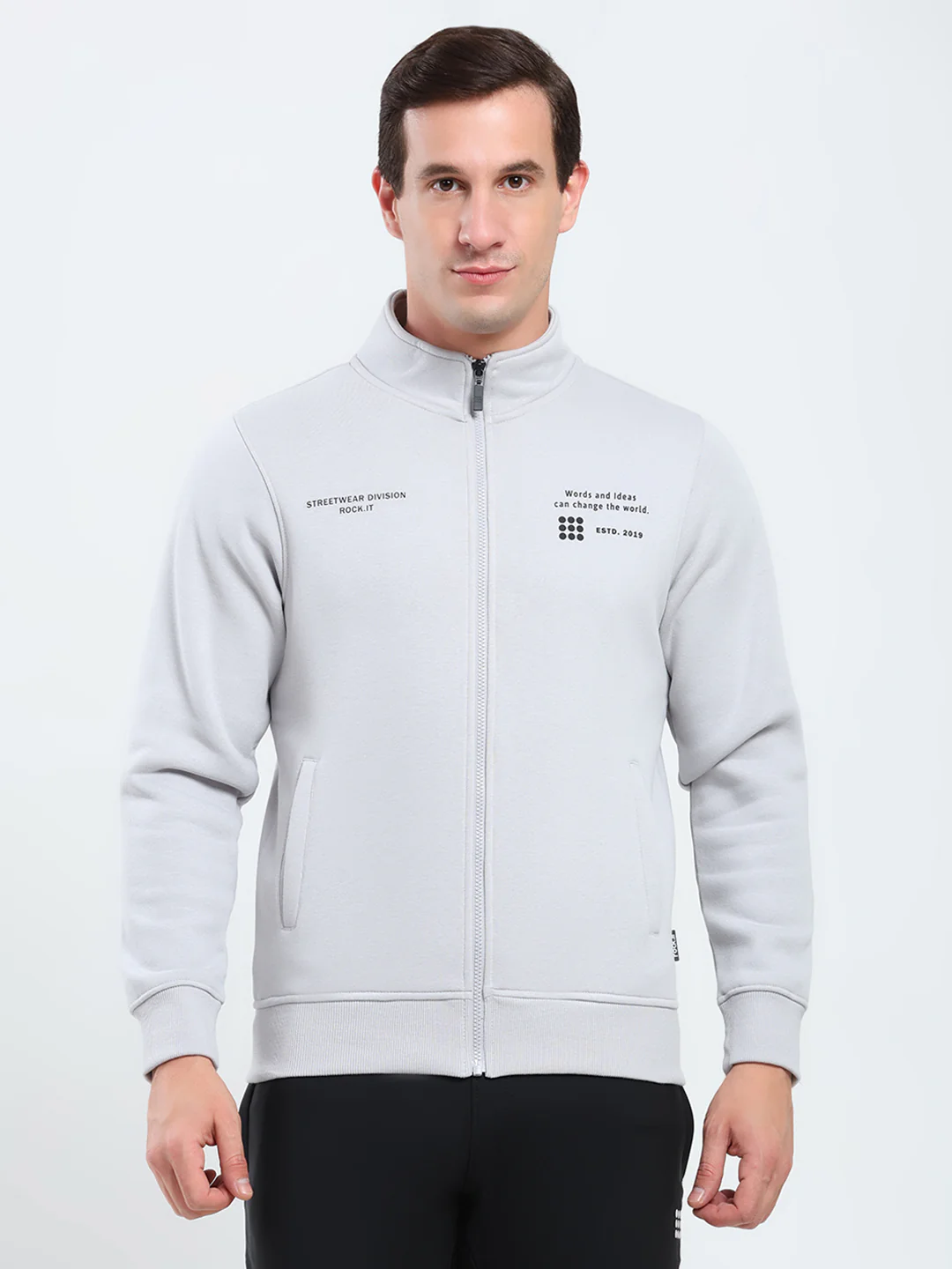 Rock.it Men Grey Solid Mock Neck Full Sleeve Sweatshirt