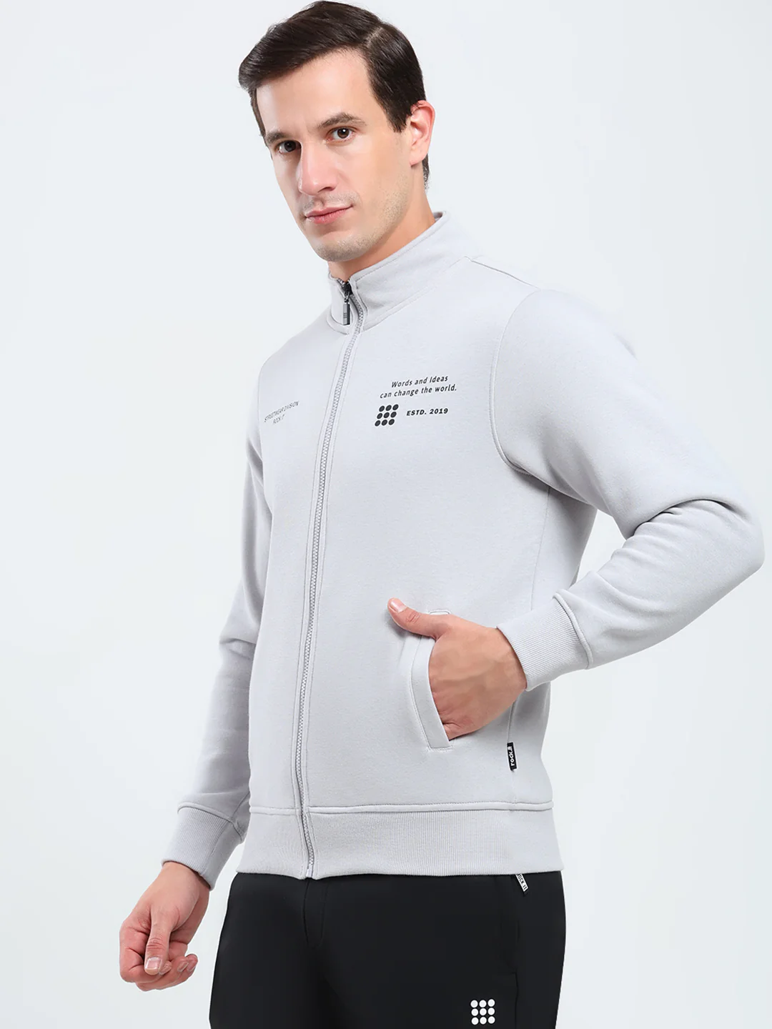 Rock.it Men Grey Solid Mock Neck Full Sleeve Sweatshirt - Image 3
