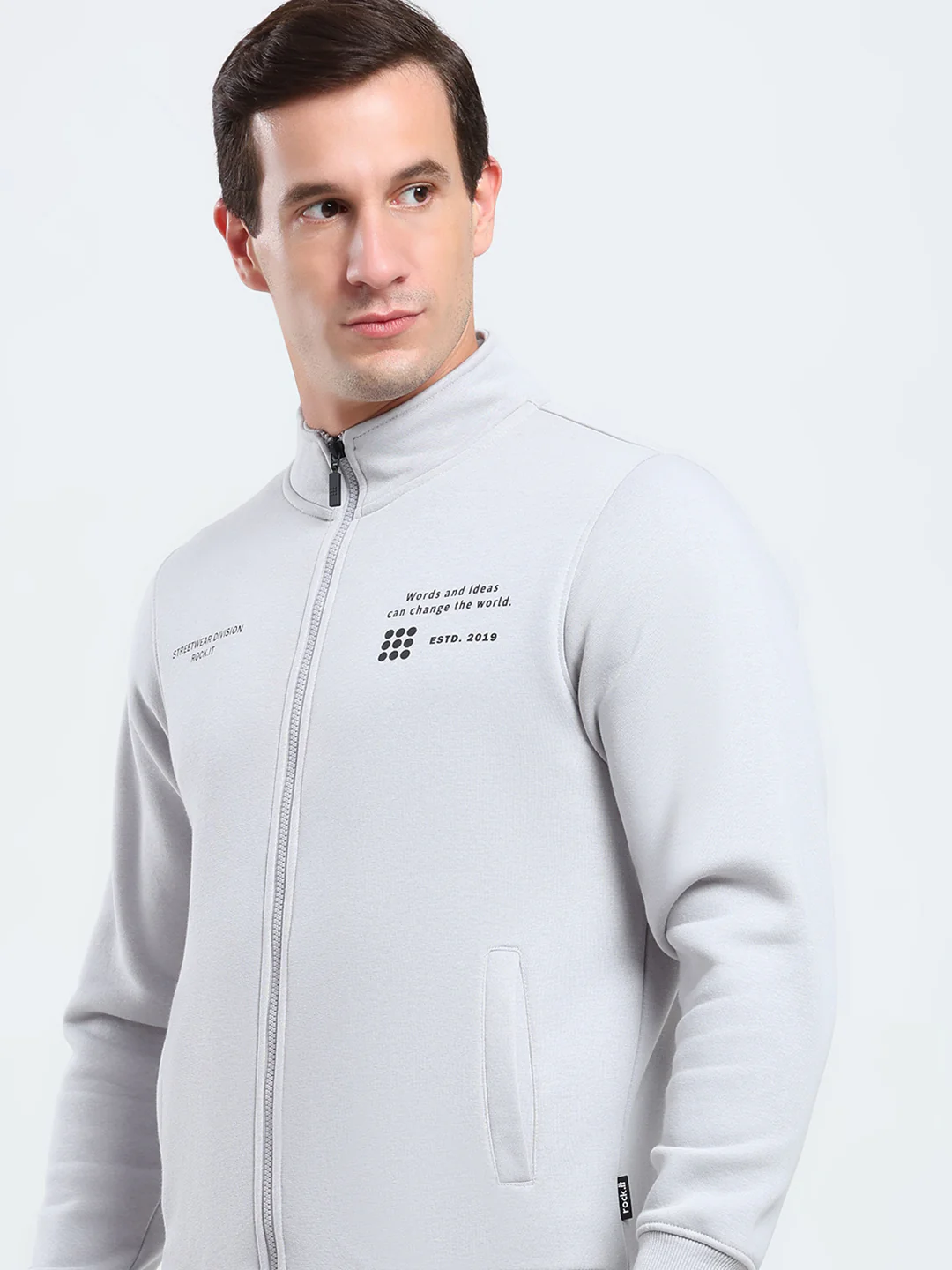 Rock.it Men Grey Solid Mock Neck Full Sleeve Sweatshirt - Image 7