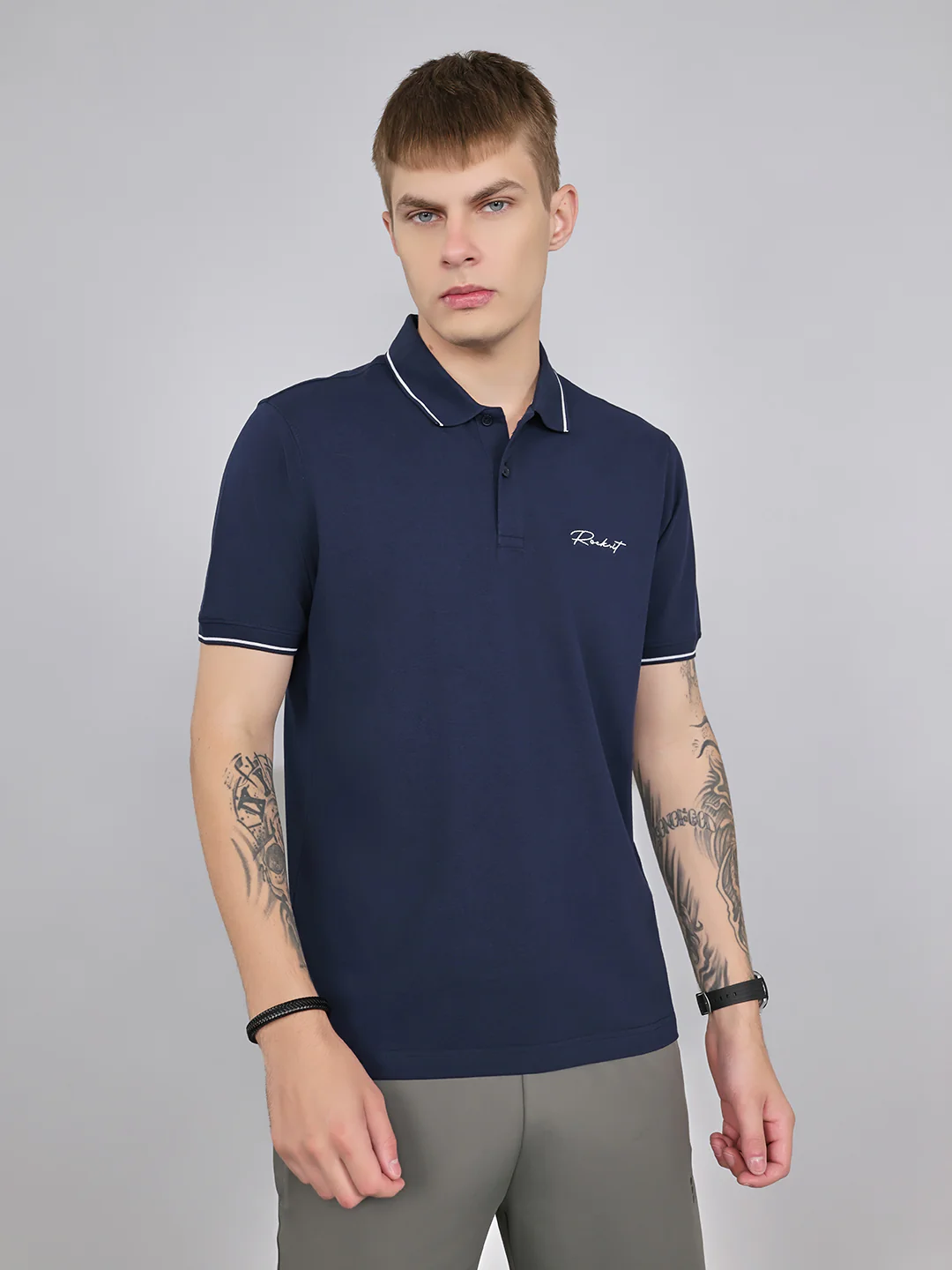 Rock.it Men Navy Blue Solid Collar Half Sleeve T-Shirt - Image 2