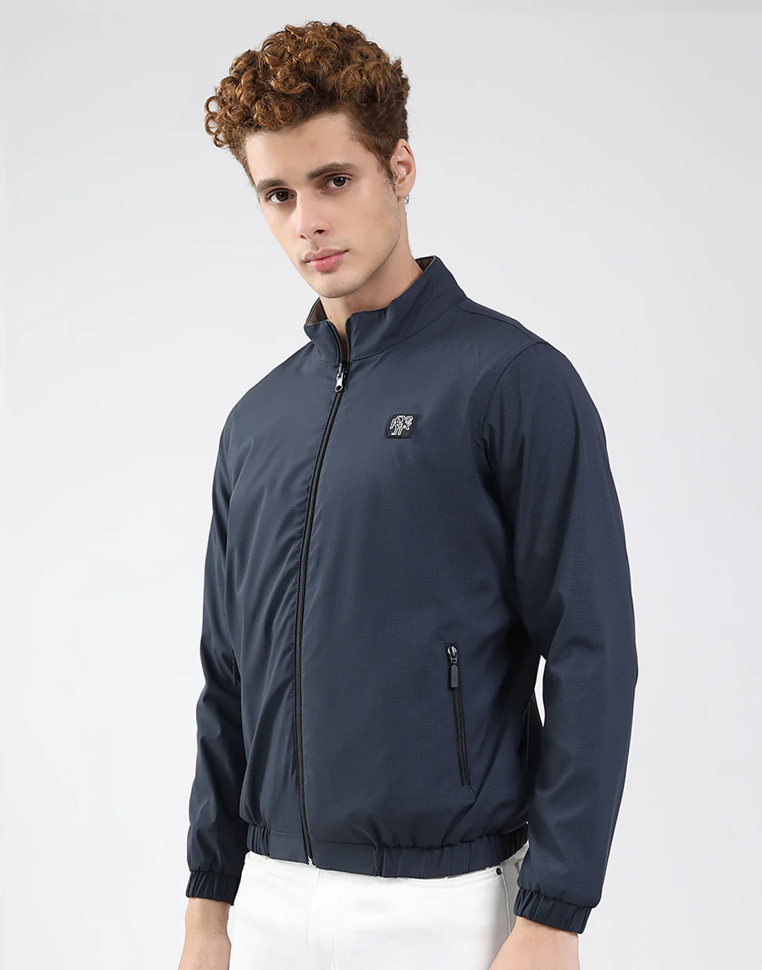Rock.it Men Navy Blue Solid Mock Neck Full Sleeve Jacket - Image 3