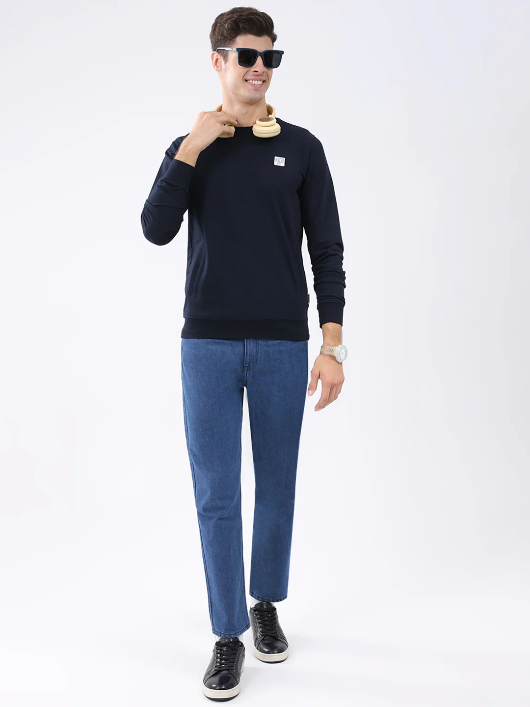 Rock.it Men Navy Blue Solid Round Neck Full Sleeve Sweatshirt - Image 2
