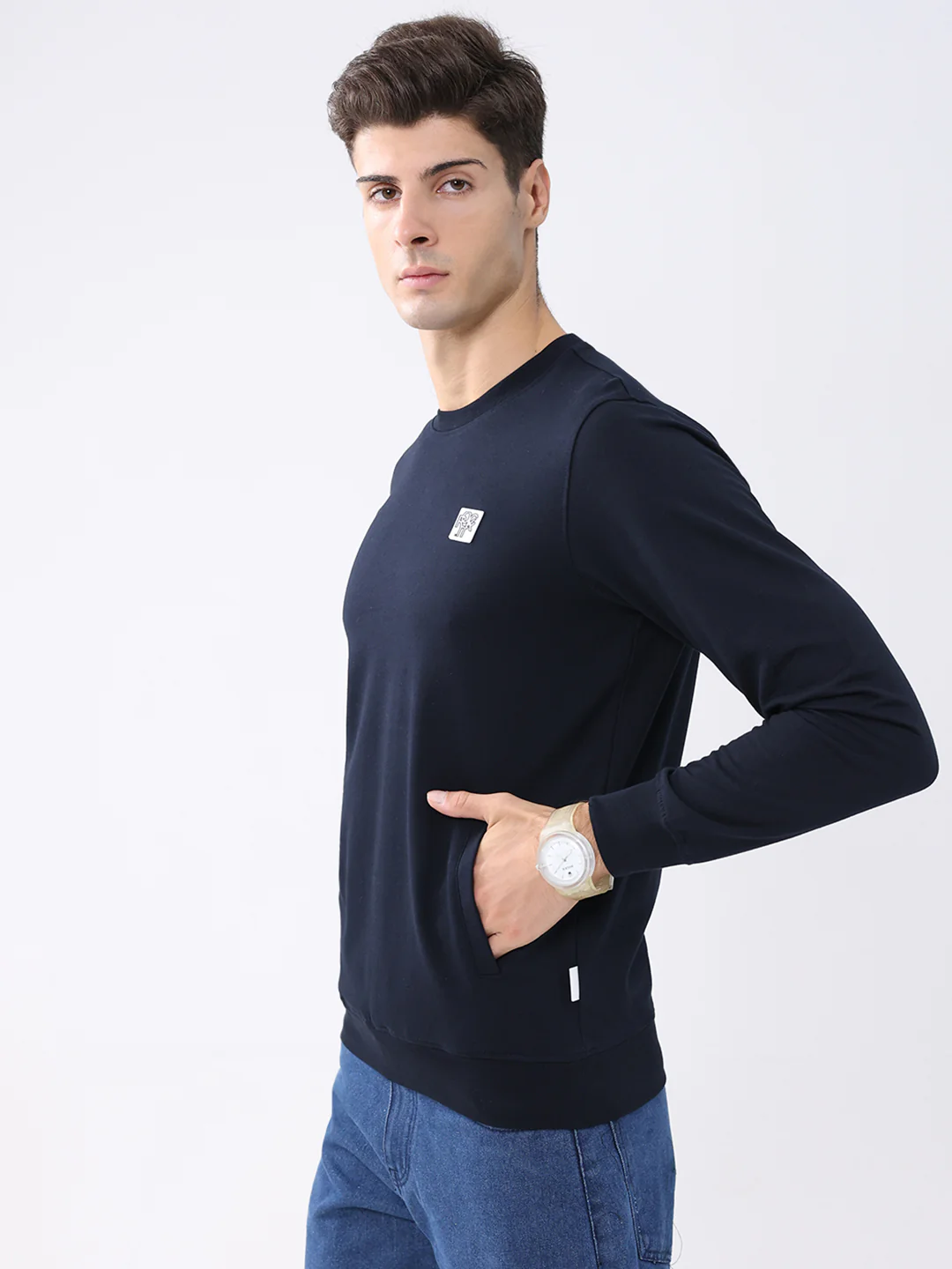 Rock.it Men Navy Blue Solid Round Neck Full Sleeve Sweatshirt - Image 3