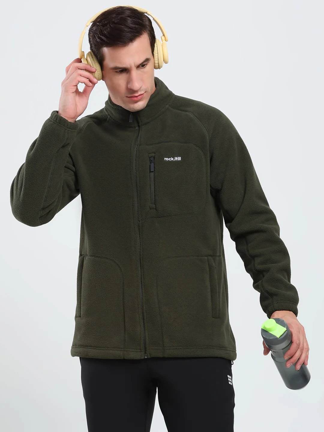 Rock.it Men Olive Solid Mock Neck Full Sleeve Sweatshirt - Image 6