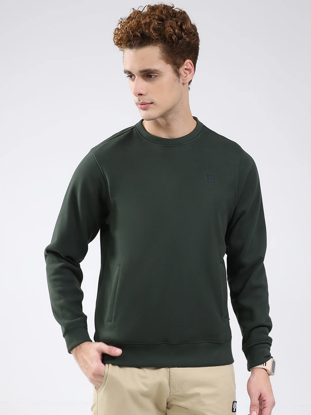 Rock.it Men Olive Solid Round Neck Full Sleeve Sweatshirt