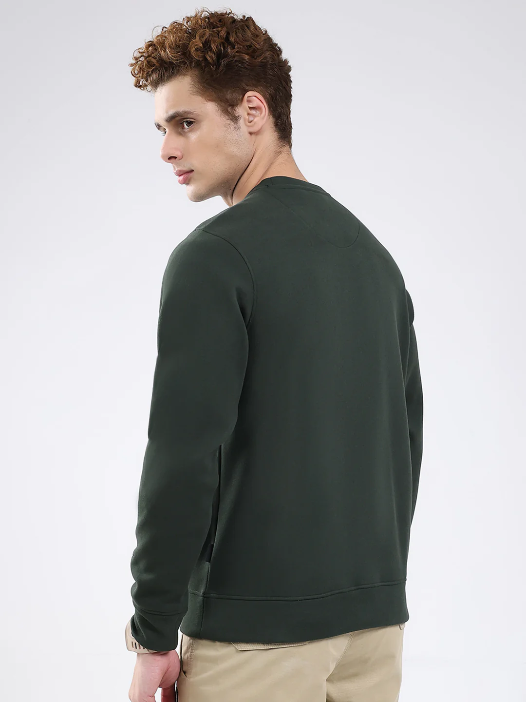 Rock.it Men Olive Solid Round Neck Full Sleeve Sweatshirt - Image 5