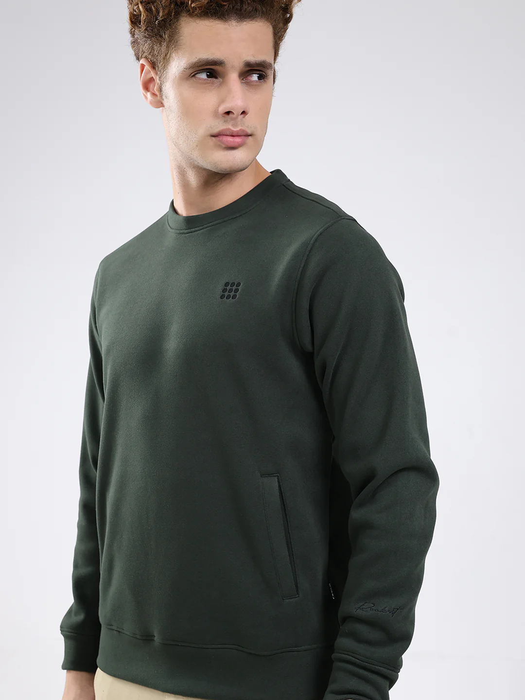 Rock.it Men Olive Solid Round Neck Full Sleeve Sweatshirt - Image 6