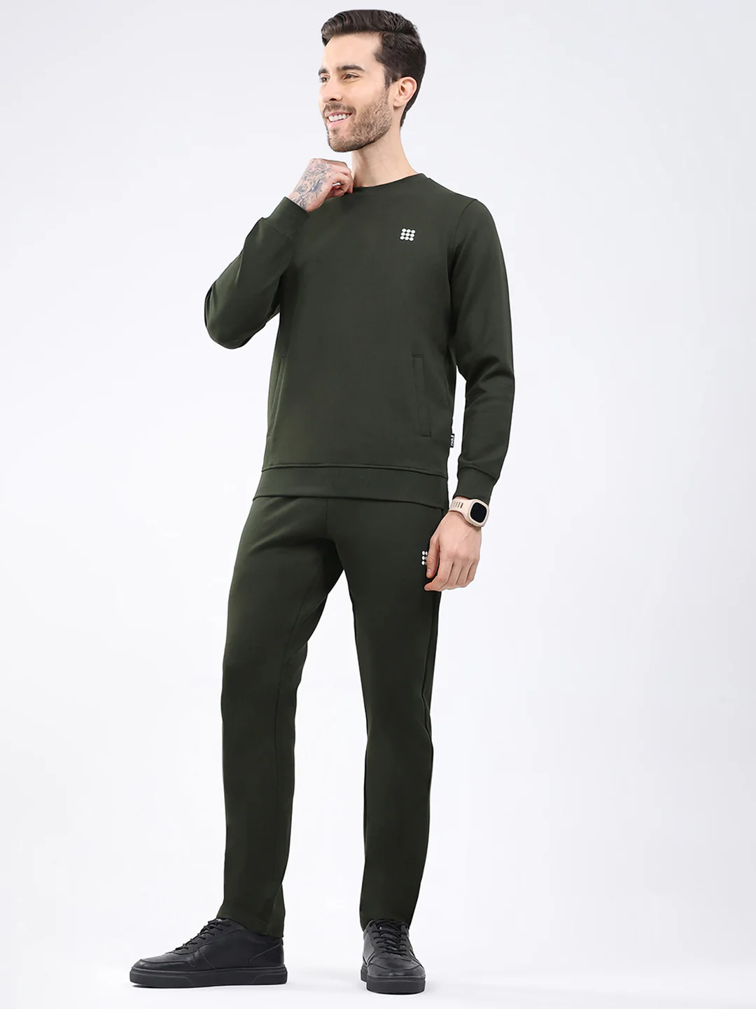 Rock.it Men Olive Solid Round Neck Full Sleeve Winter Tracksuit - Image 2