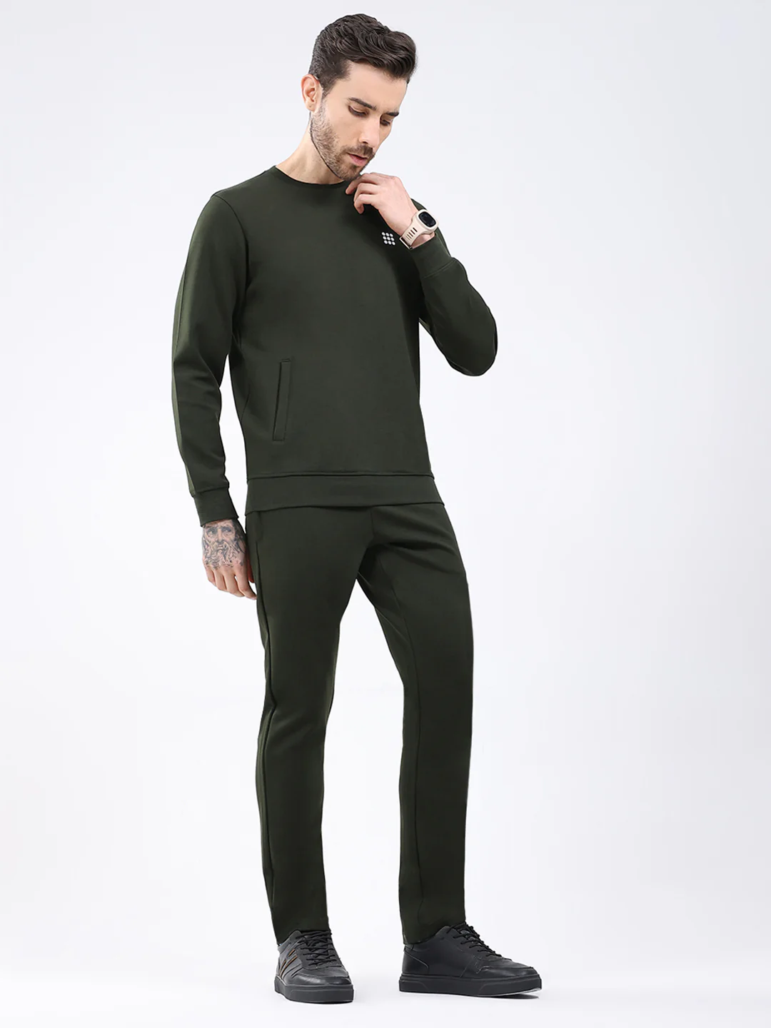 Rock.it Men Olive Solid Round Neck Full Sleeve Winter Tracksuit - Image 4
