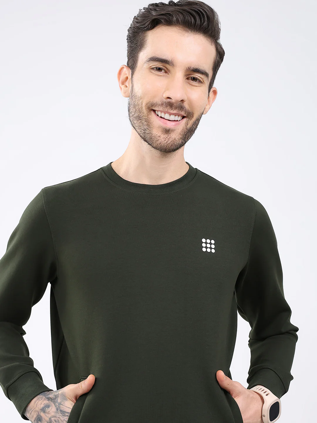 Rock.it Men Olive Solid Round Neck Full Sleeve Winter Tracksuit - Image 6